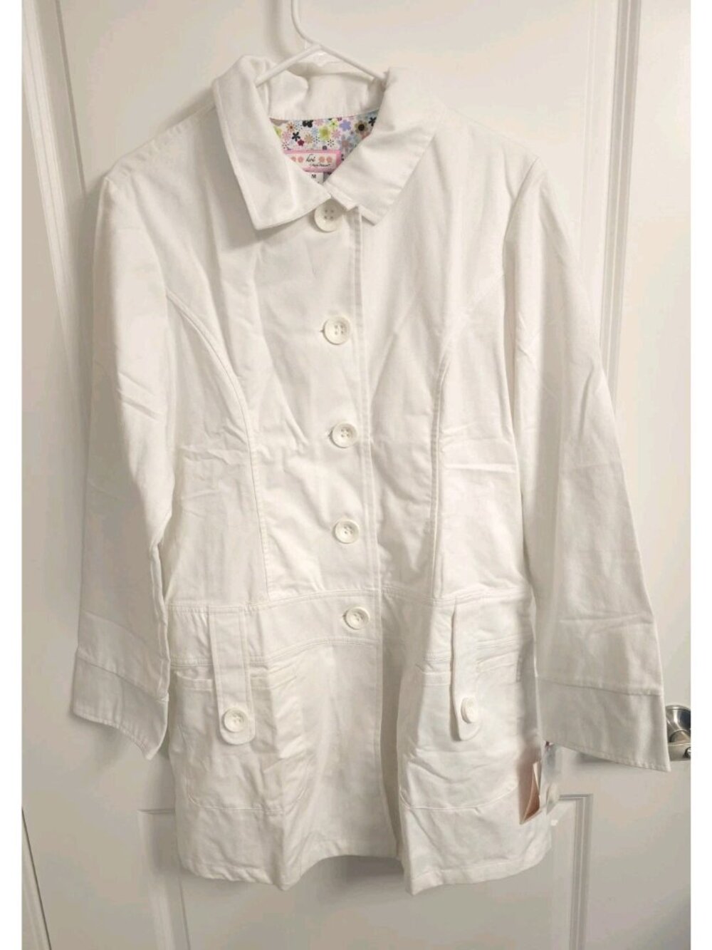 Koi by Kathy Peterson White Button Front Coat Jacket Women's Medium NWT
